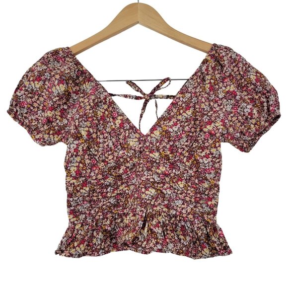 Sim & Sam Sz S Floral Daisy Short Puff Sleeve Crop Top Cotton Boho Cottagecore - Picture 1 of 10